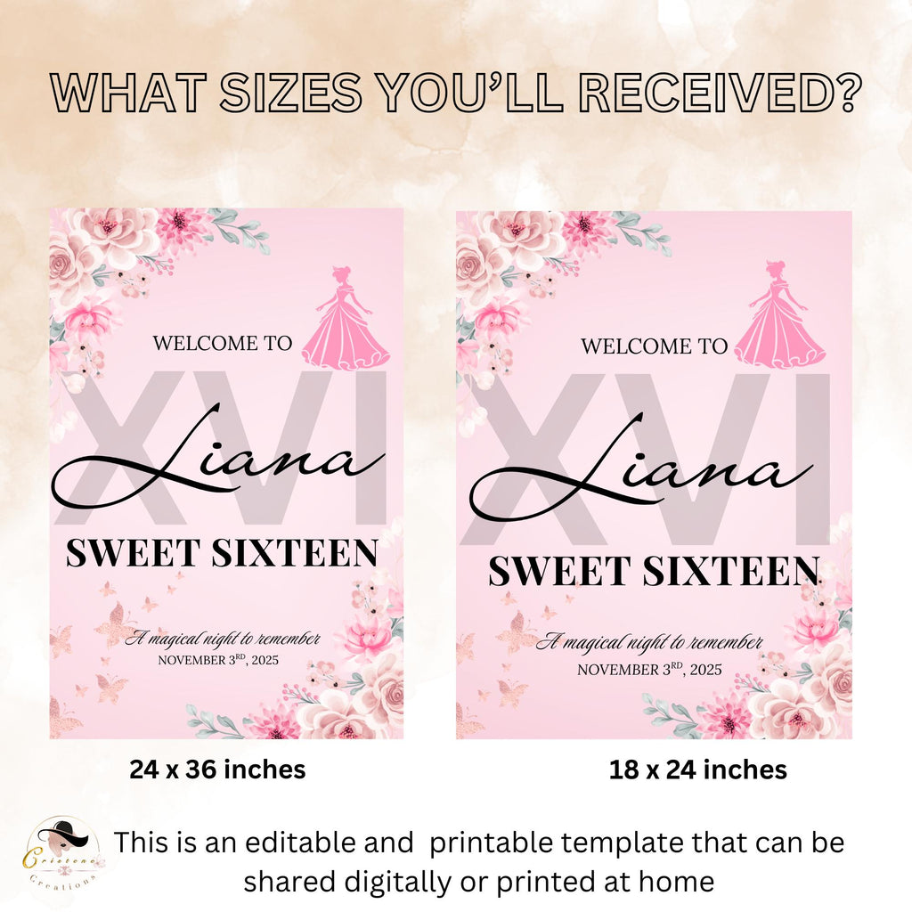 Pink Floral Sweet 16 Birthday Welcome Sign Template (Printable)