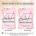 Pink Floral Sweet 16 Birthday Welcome Sign Template (Printable)