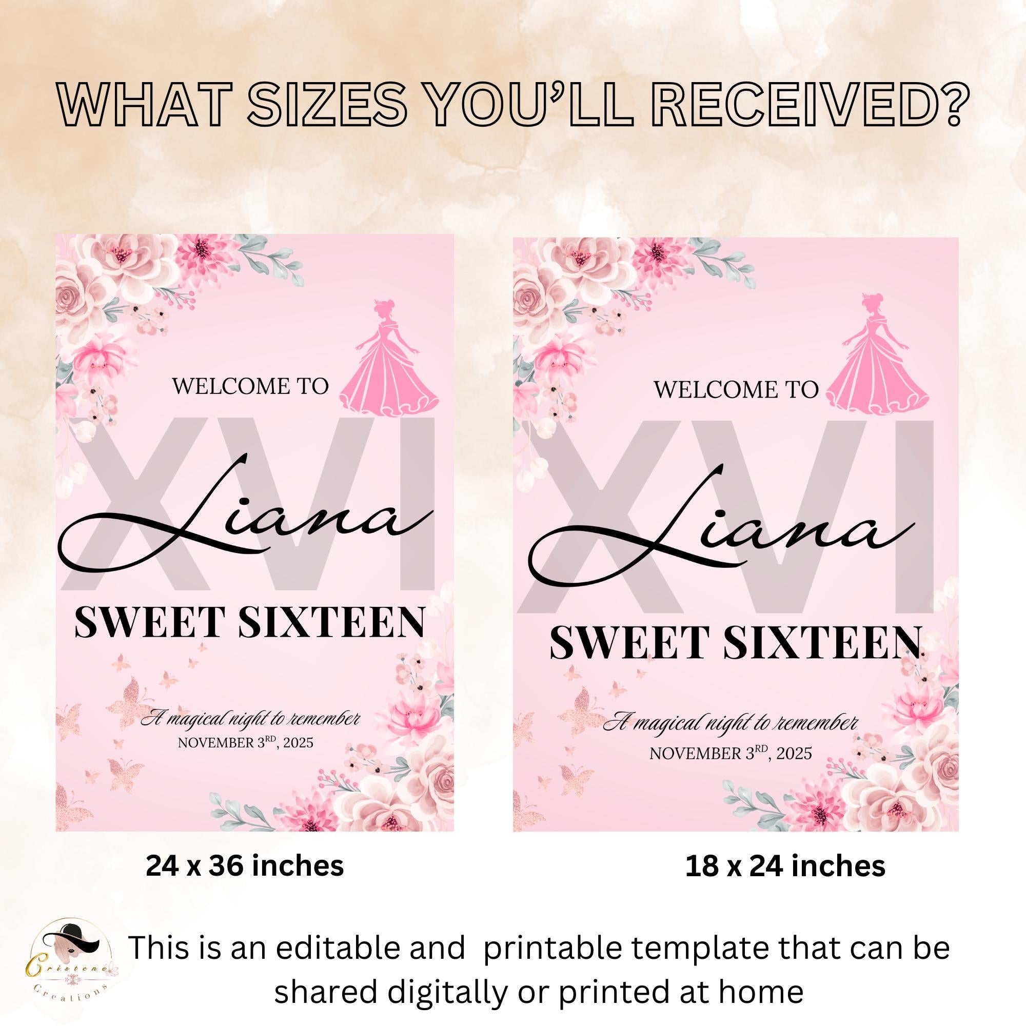 Pink Floral Sweet 16 Birthday Welcome Sign Template (Printable)