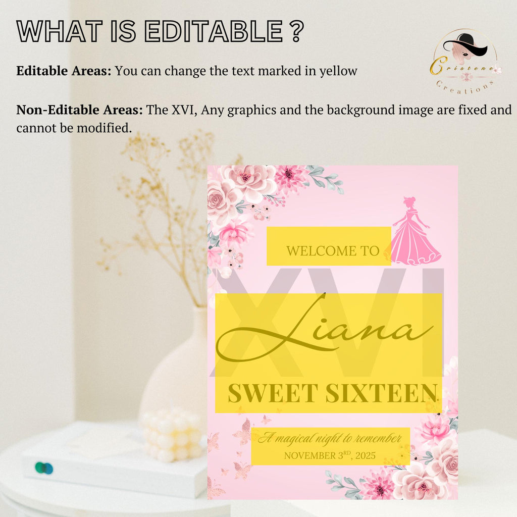Pink Floral Sweet 16 Birthday Welcome Sign Template (Printable)