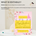 Pink Floral Sweet 16 Birthday Welcome Sign Template (Printable)