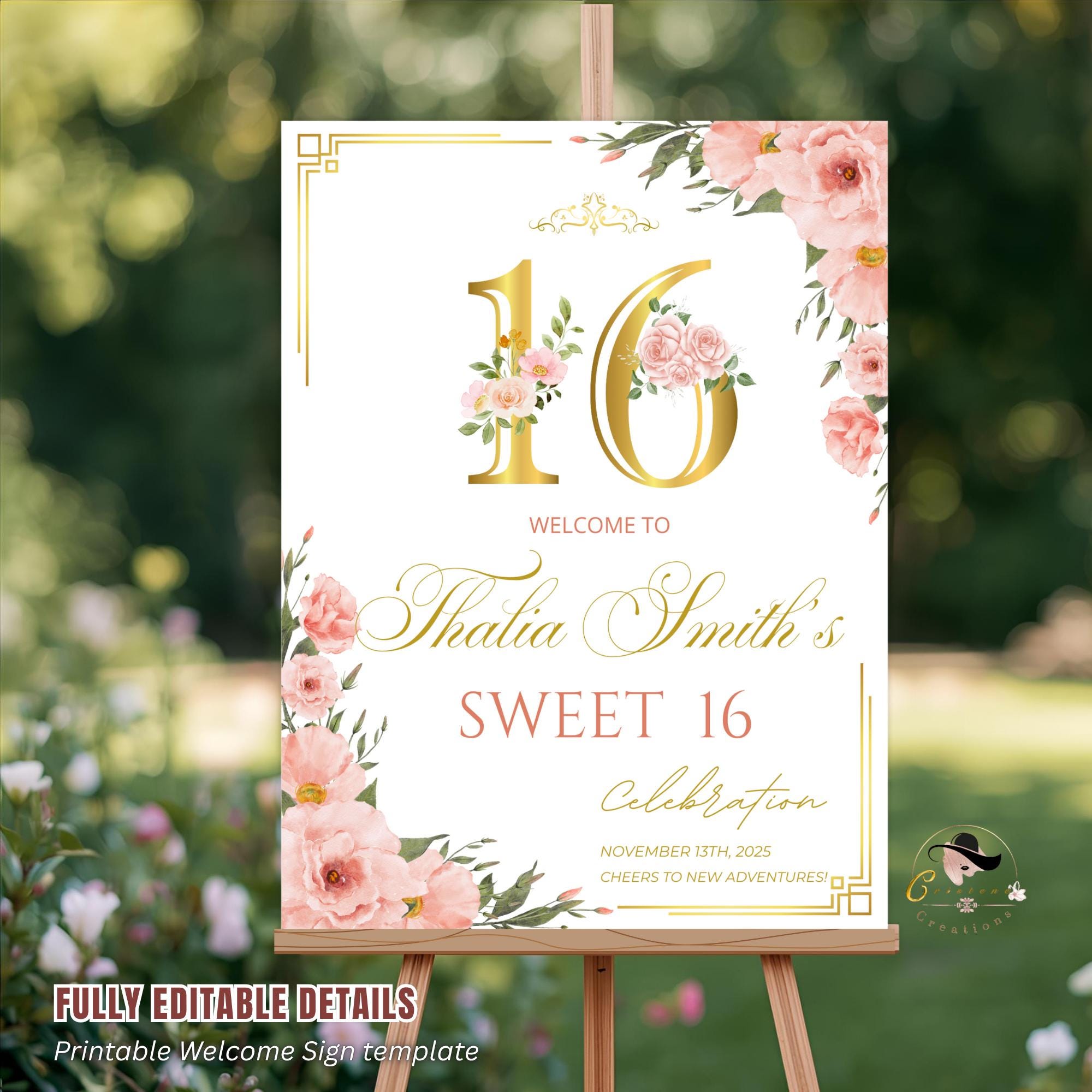Editable Sweet 16 Party Welcome Sign Pink Gold Floral 16th Birthday Brunch Sign Printable Elegant Sweet Sixteen Welcome Poster Sign Template