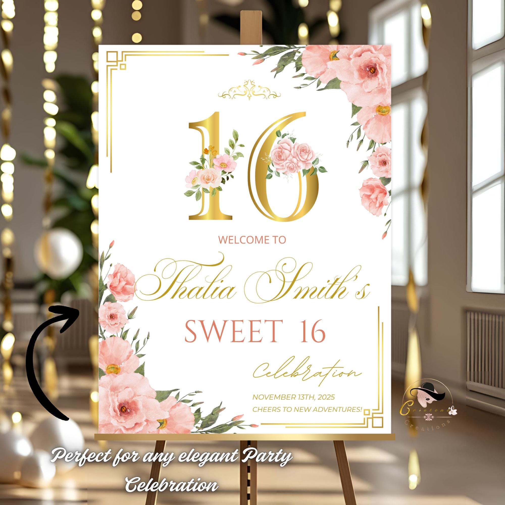 Editable Sweet 16 Party Welcome Sign Pink Gold Floral 16th Birthday Brunch Sign Printable Elegant Sweet Sixteen Welcome Poster Sign Template