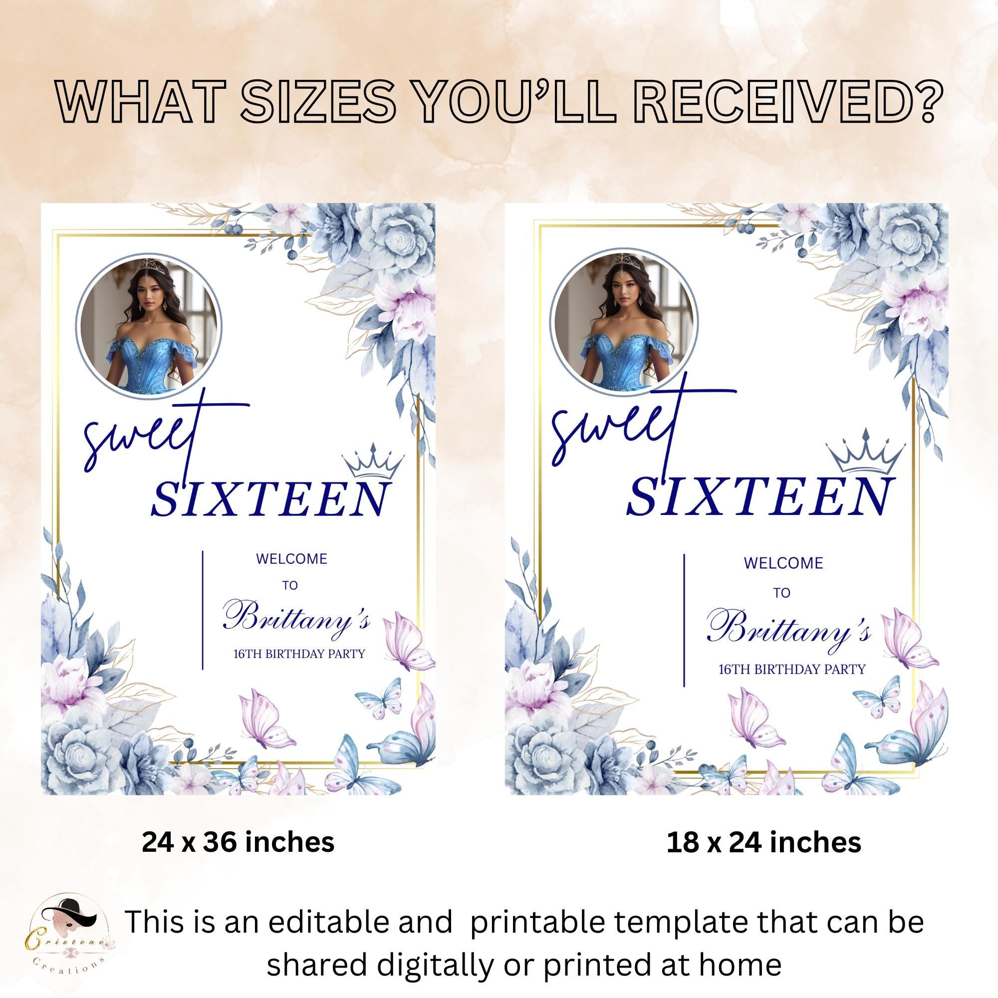 Editable Sweet 16 Party Welcome Sign with photo Blue Floral 16th Birthday Brunch Sign Printable Elegant Sweet Sixteen Poster Sign Template