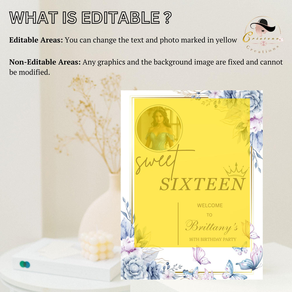 Editable Sweet 16 Party Welcome Sign with photo Blue Floral 16th Birthday Brunch Sign Printable Elegant Sweet Sixteen Poster Sign Template