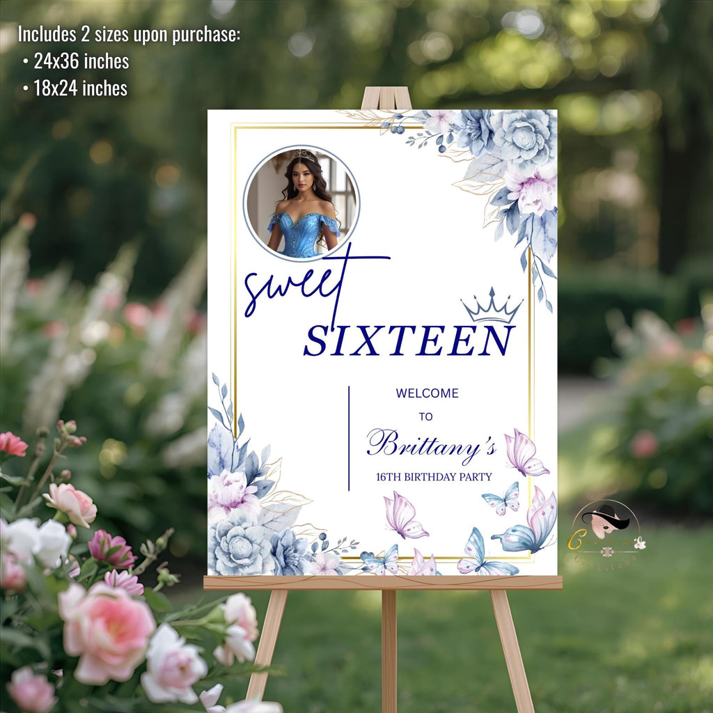 Editable Sweet 16 Party Welcome Sign with photo Blue Floral 16th Birthday Brunch Sign Printable Elegant Sweet Sixteen Poster Sign Template
