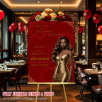 Editable Birthday Welcome Sign Red Rose Floral Party Sign with photo Elegant Birthday Dinner Sign Woman Brunch Board Sign Printable Template