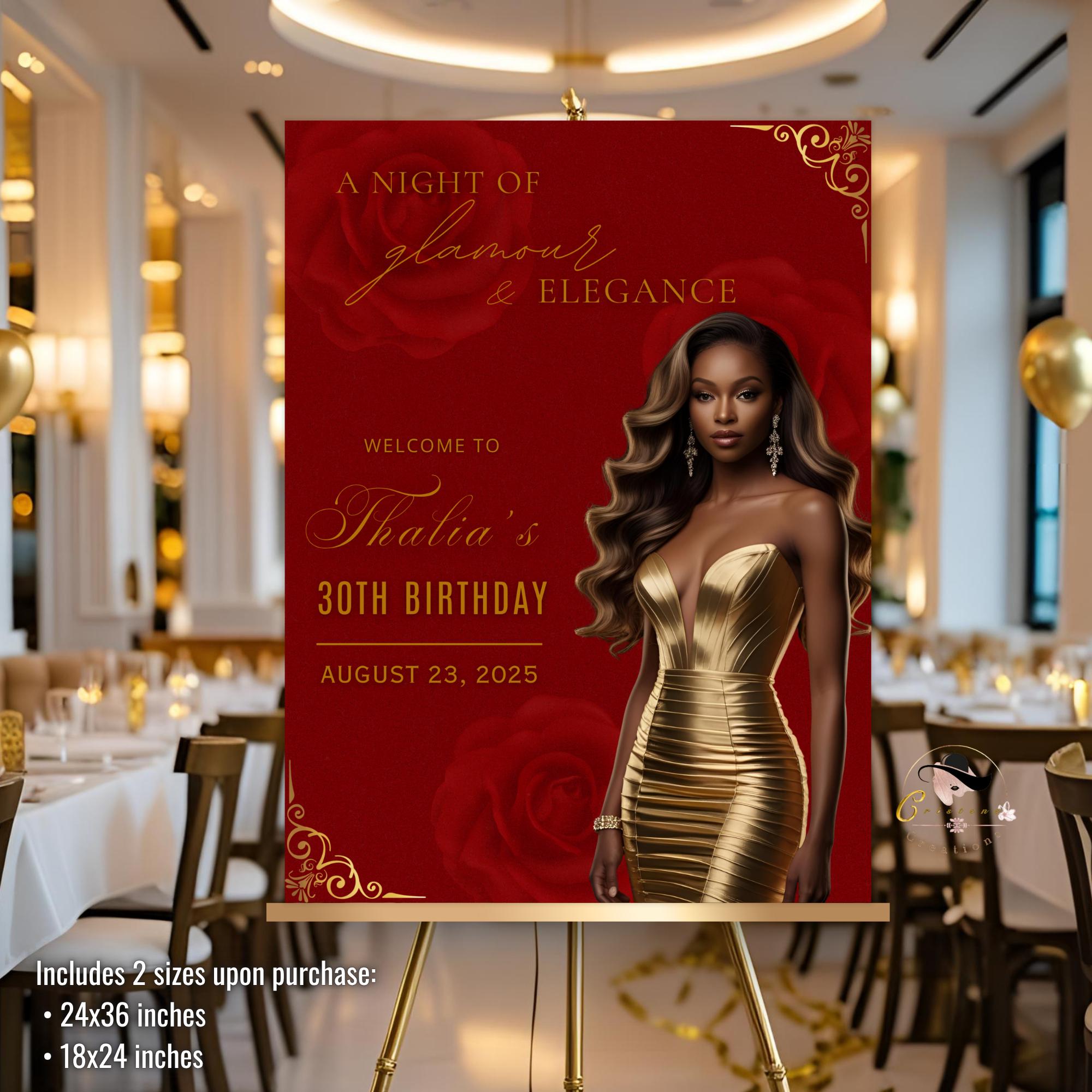 Editable Birthday Welcome Sign Red Rose Floral Party Sign with photo Elegant Birthday Dinner Sign Woman Brunch Board Sign Printable Template