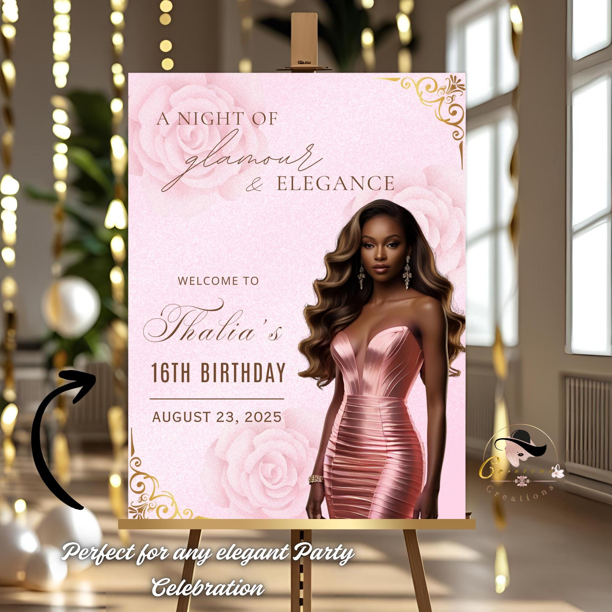 Editable Birthday Welcome Party Sign Pink Floral Birthday Dinner Sign with photo Elegant Shower Brunch Party Sign Board Printable Template