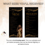 Editable Menu and Program Template Black Gold Birthday Party Program card Printable Luxury Woman Party Menu with photo, Table Menu Decor