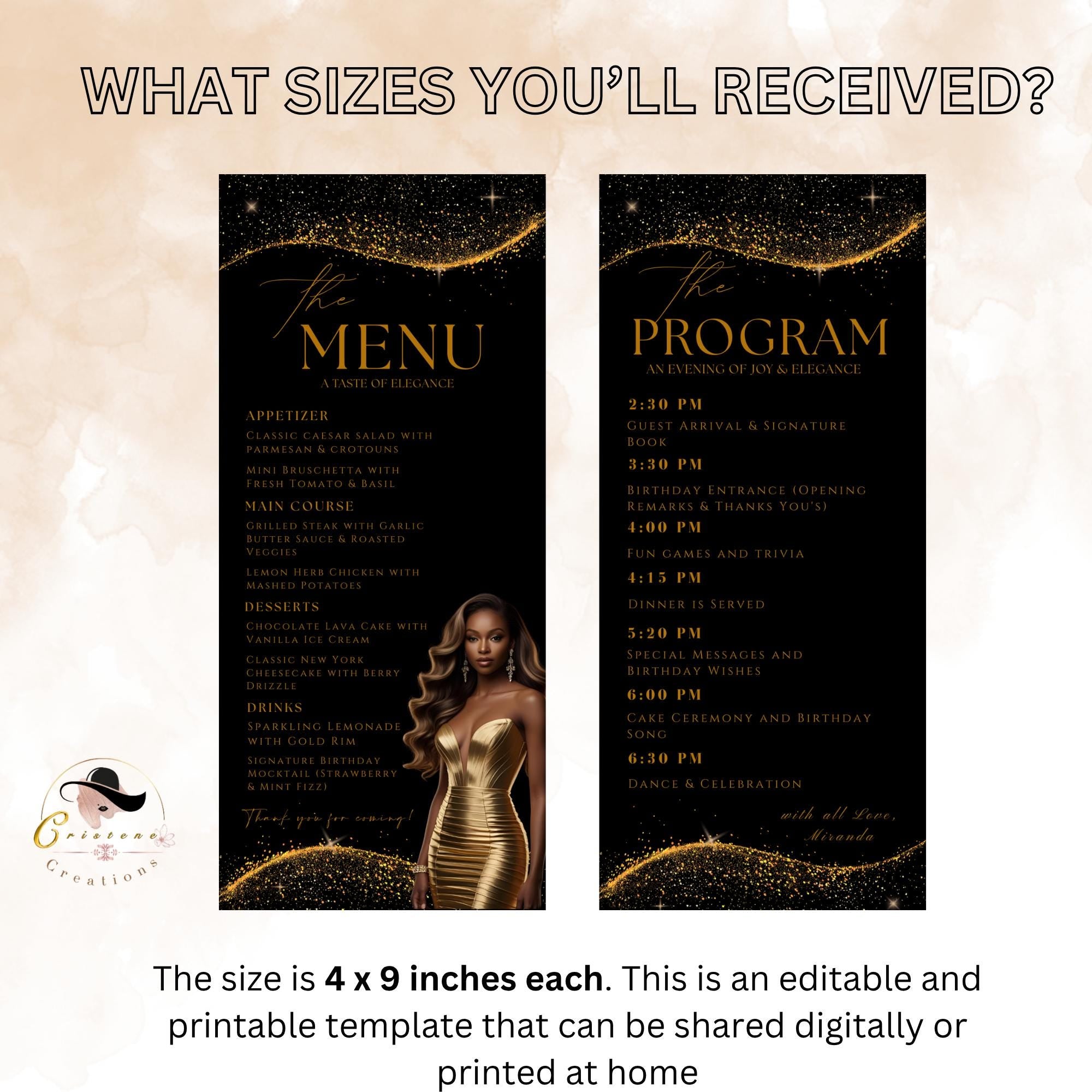 Editable Menu and Program Template Black Gold Birthday Party Program card Printable Luxury Woman Party Menu with photo, Table Menu Decor