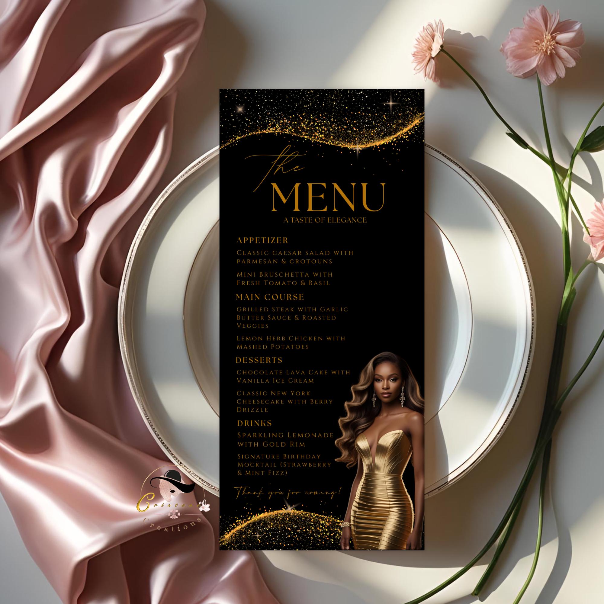Editable Menu and Program Template Black Gold Birthday Party Program card Printable Luxury Woman Party Menu with photo, Table Menu Decor