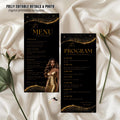 Editable Menu and Program Template Black Gold Birthday Party Program card Printable Luxury Woman Party Menu with photo, Table Menu Decor