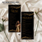 Editable Menu and Program Template Black Gold Birthday Party Program card Printable Luxury Woman Party Menu with photo, Table Menu Decor