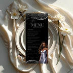 Editable Menu and Program Template Black Silver Birthday Dinner Menu card Printable Retirement Party Program with photo Adult Party Menu