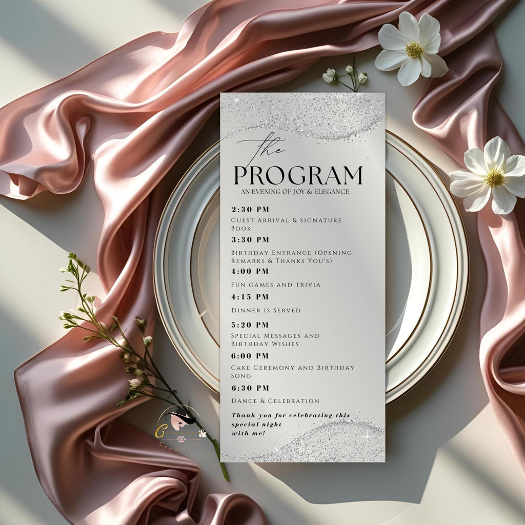 Editable Menu and Program Template White Silver Birthday Dinner Menu card Printable Retirement Party Program with photo, Glam Party Menu
