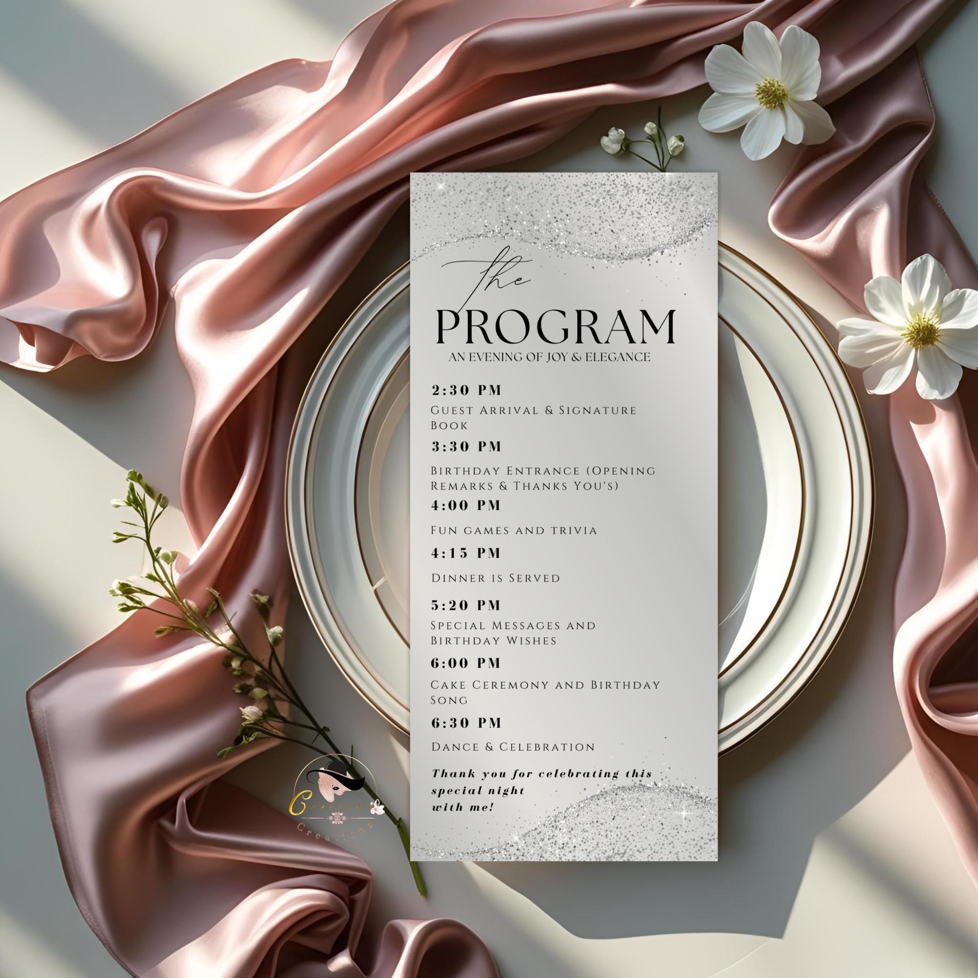 Editable Menu and Program Template White Silver Birthday Dinner Menu card Printable Retirement Party Program with photo, Glam Party Menu
