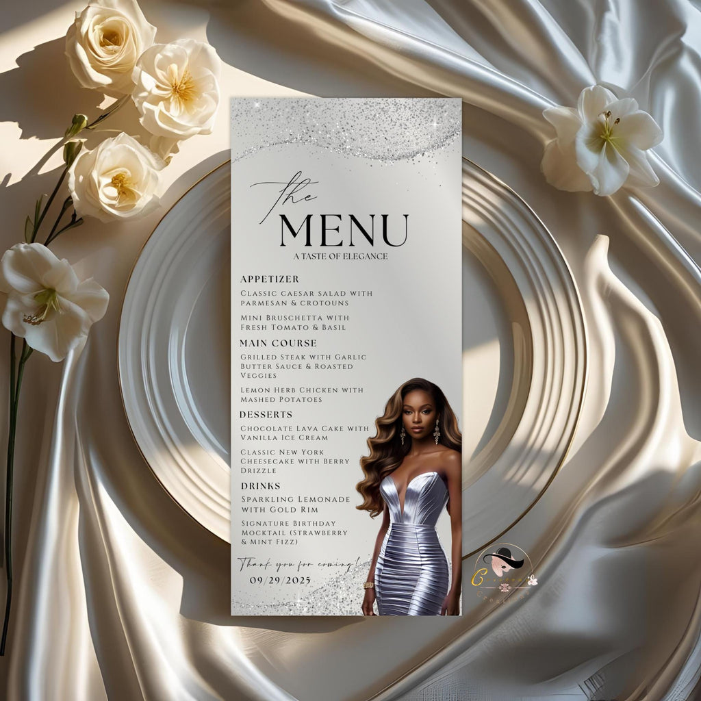 Editable Menu and Program Template White Silver Birthday Dinner Menu card Printable Retirement Party Program with photo, Glam Party Menu