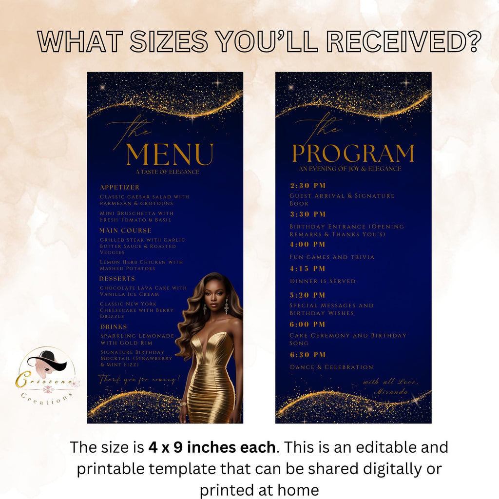 Blue Gold Menu and Program Template,  Birthday Dinner Menu cards with photo Retirement Party, Program Card Template, Order of events