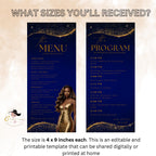 Blue Gold Menu and Program Template,  Birthday Dinner Menu cards with photo Retirement Party, Program Card Template, Order of events