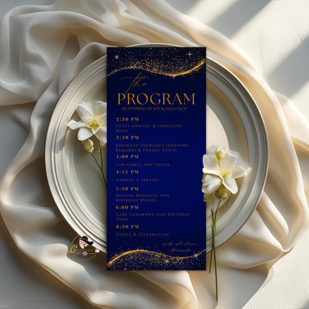 Blue Gold Menu and Program Template,  Birthday Dinner Menu cards with photo Retirement Party, Program Card Template, Order of events