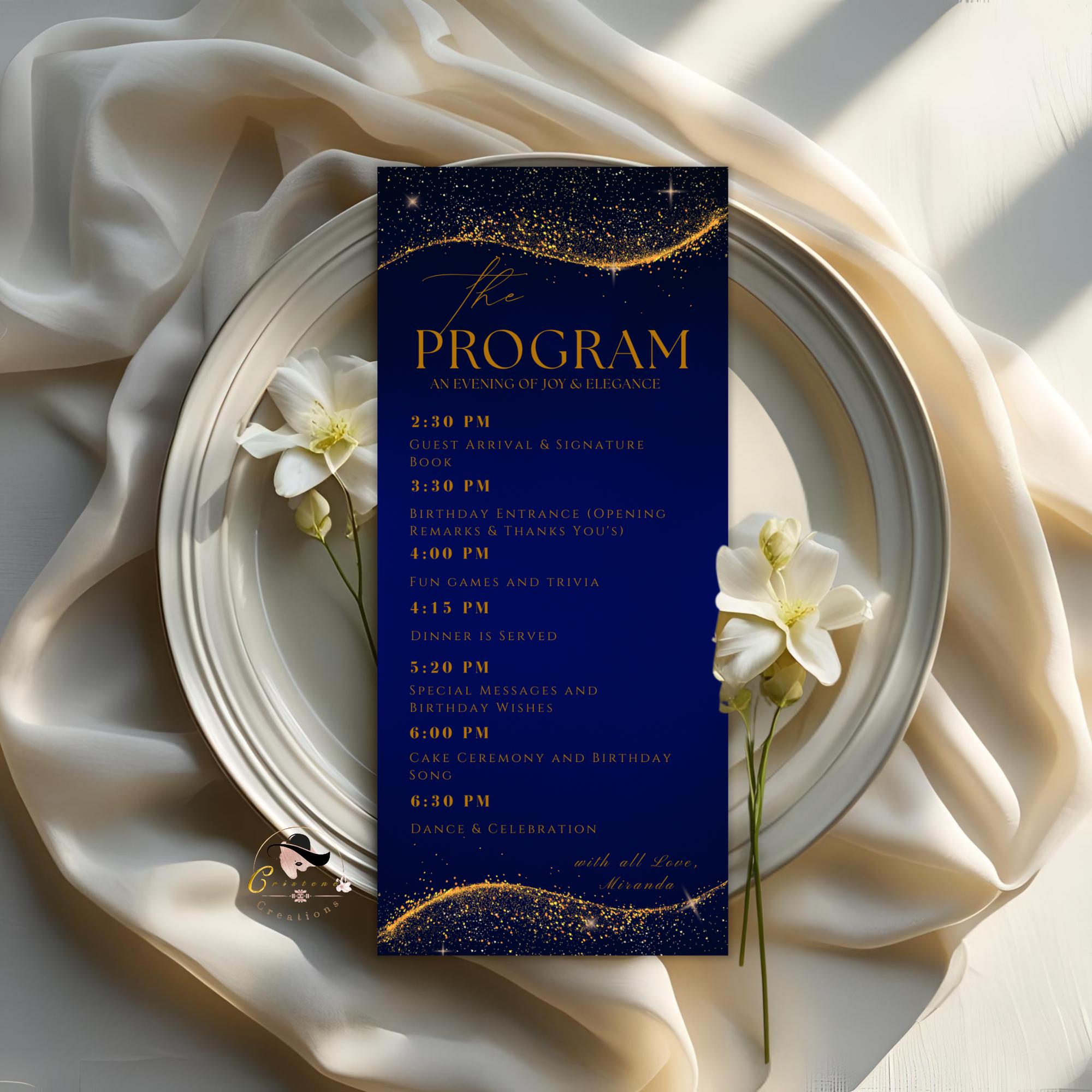 Blue Gold Menu and Program Template,  Birthday Dinner Menu cards with photo Retirement Party, Program Card Template, Order of events