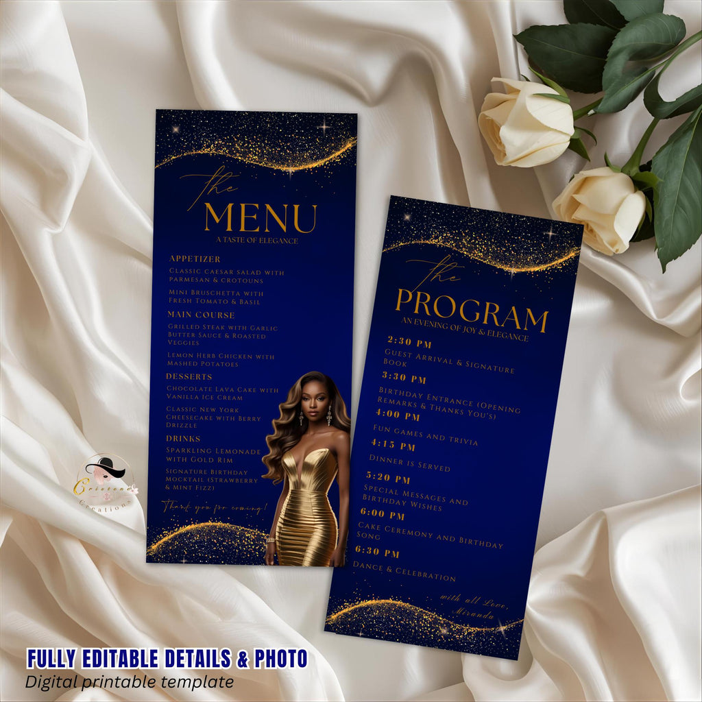 Blue Gold Menu and Program Template,  Birthday Dinner Menu cards with photo Retirement Party, Program Card Template, Order of events