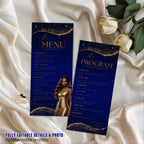 Blue Gold Menu and Program Template,  Birthday Dinner Menu cards with photo Retirement Party, Program Card Template, Order of events