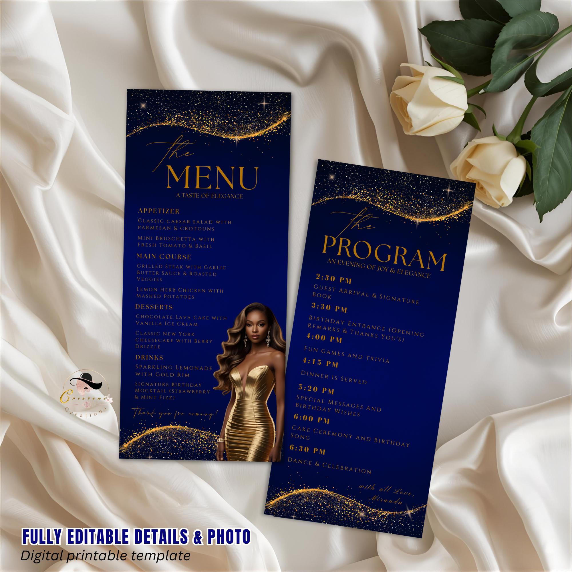 Blue Gold Menu and Program Template,  Birthday Dinner Menu cards with photo Retirement Party, Program Card Template, Order of events