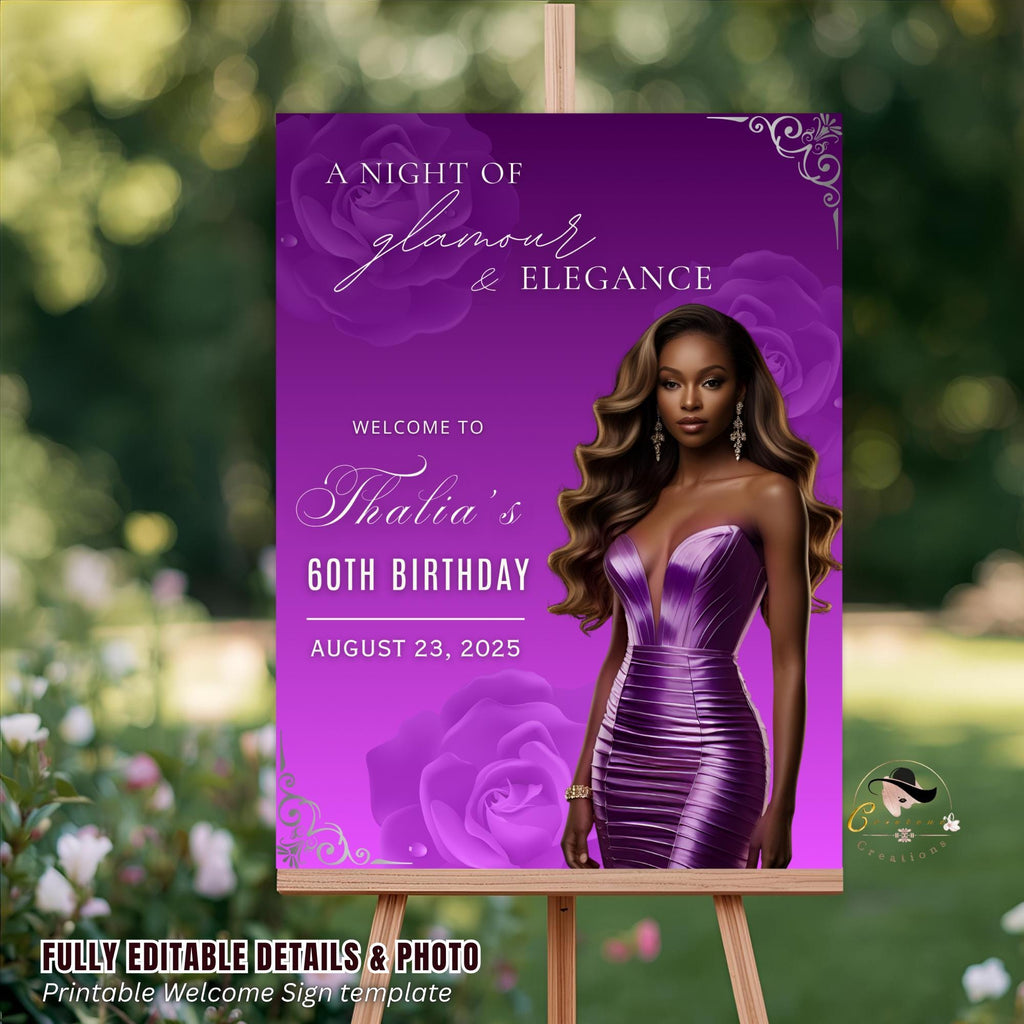 Editable Birthday Welcome Sign Purple Silver Floral Party Sign Printable Birthday Dinner Sign with photo, Woman Elegant Sign Board Template