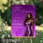 Editable Birthday Welcome Sign Purple Silver Floral Party Sign Printable Birthday Dinner Sign with photo, Woman Elegant Sign Board Template