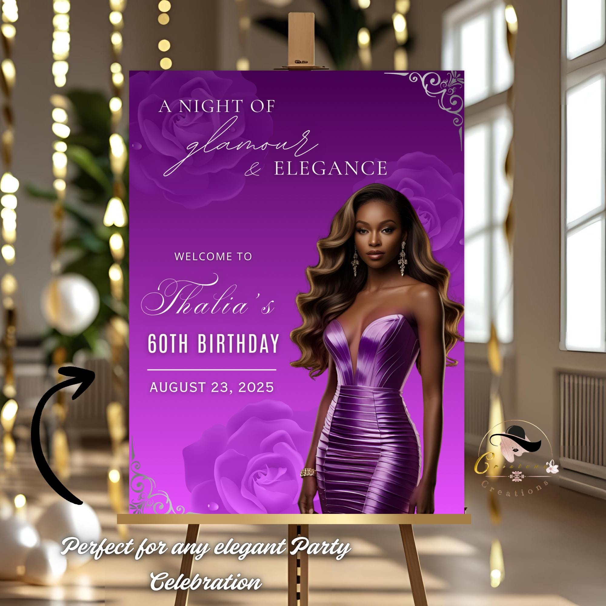 Editable Birthday Welcome Sign Purple Silver Floral Party Sign Printable Birthday Dinner Sign with photo, Woman Elegant Sign Board Template