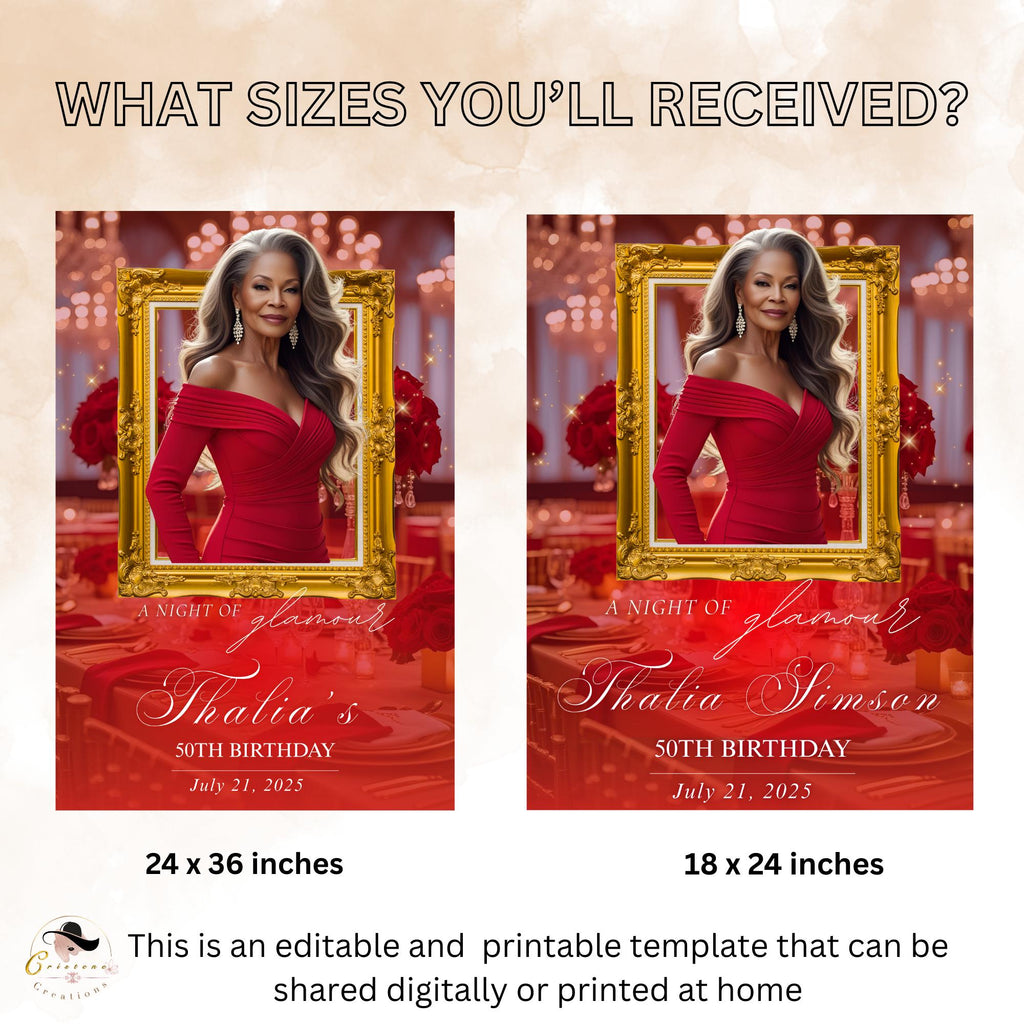 Editable Birthday Party Welcome Sign with photo Red Gold Birthday Dinner Sign Printable Elegant Party Sign Retirement Brunch Sign Template