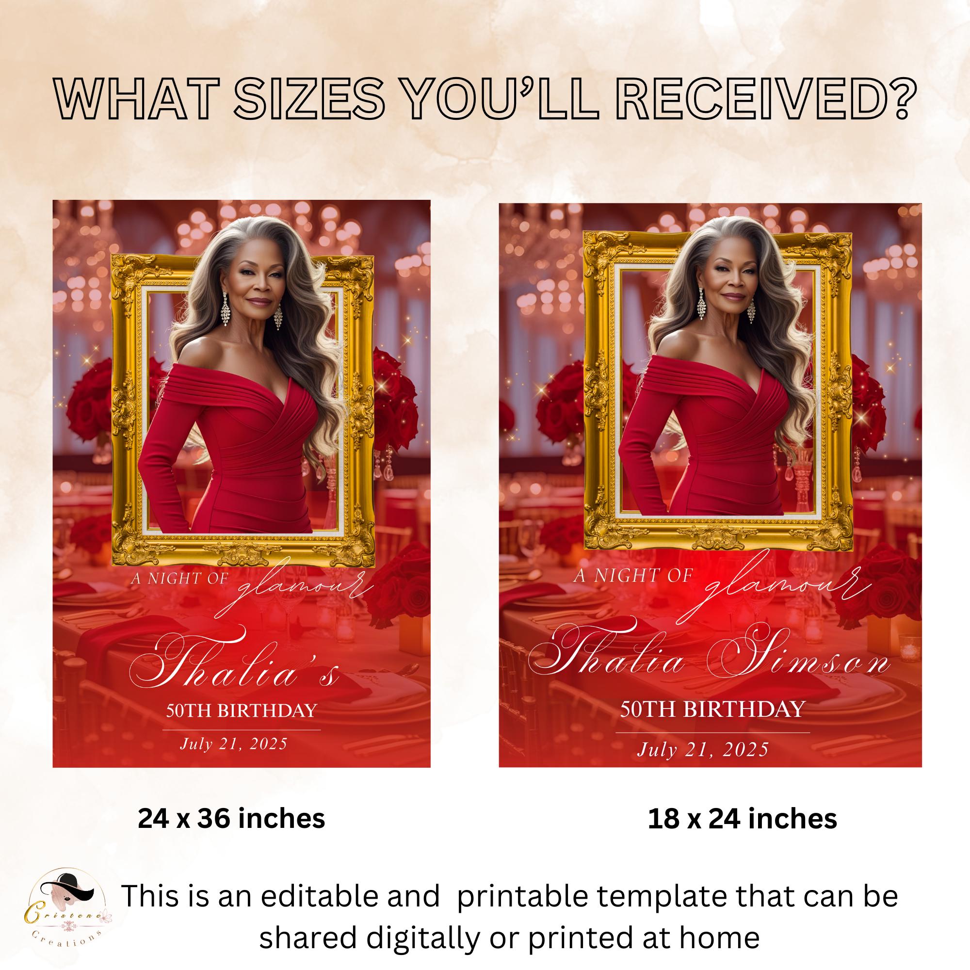 Editable Birthday Party Welcome Sign with photo Red Gold Birthday Dinner Sign Printable Elegant Party Sign Retirement Brunch Sign Template