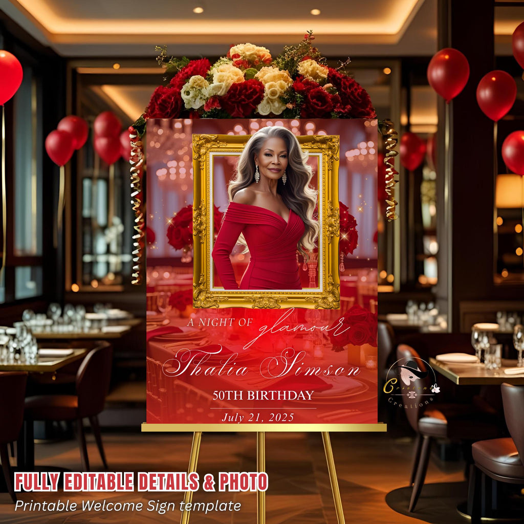 Editable Birthday Party Welcome Sign with photo Red Gold Birthday Dinner Sign Printable Elegant Party Sign Retirement Brunch Sign Template