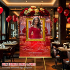 Editable Birthday Party Welcome Sign with photo Red Gold Birthday Dinner Sign Printable Elegant Party Sign Retirement Brunch Sign Template