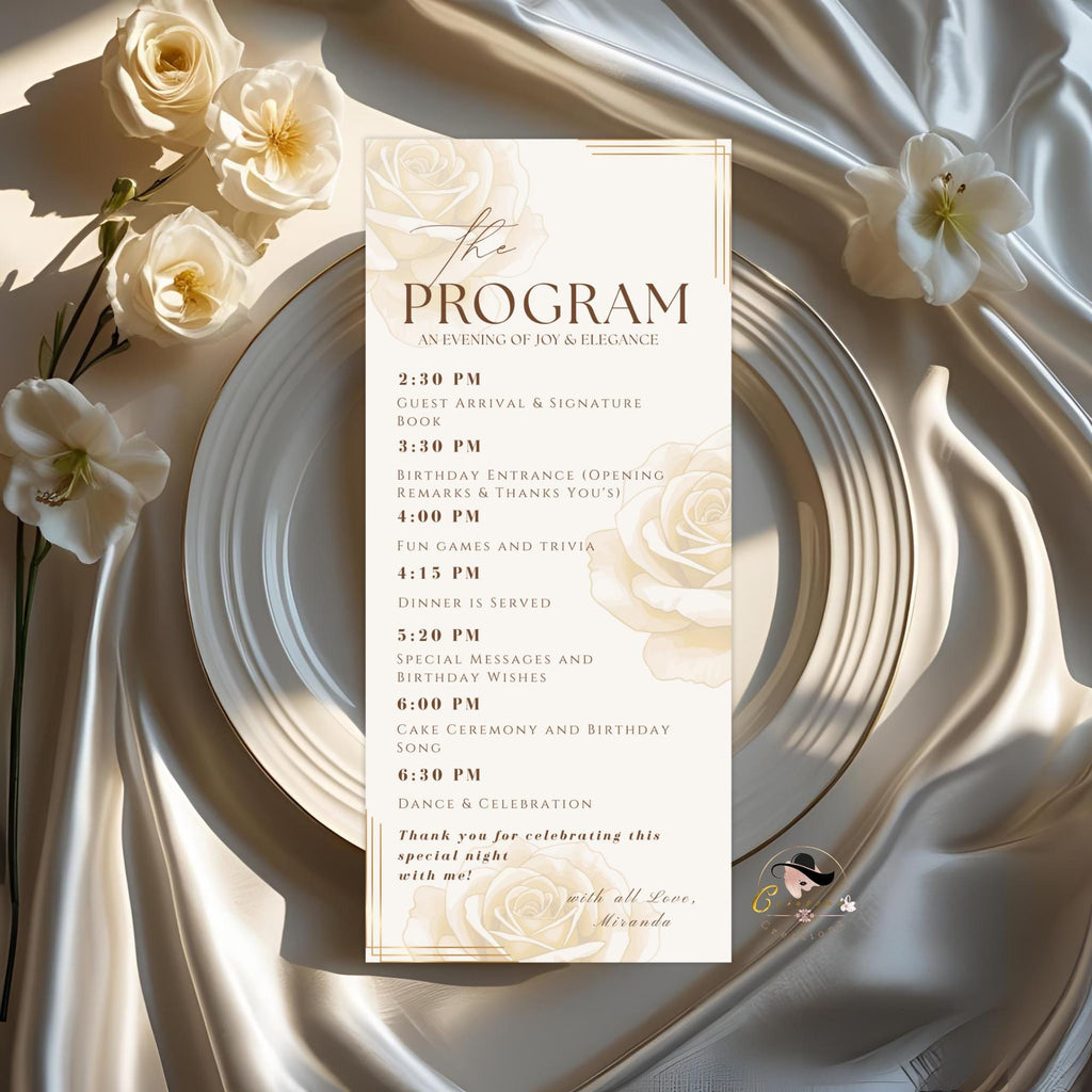 Editable Menu and Program Template White Gold Birthday Dinner Menu cards with photo Retirement Party Program Printable Adult Floral Menu