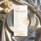 Editable Menu and Program Template White Gold Birthday Dinner Menu cards with photo Retirement Party Program Printable Adult Floral Menu