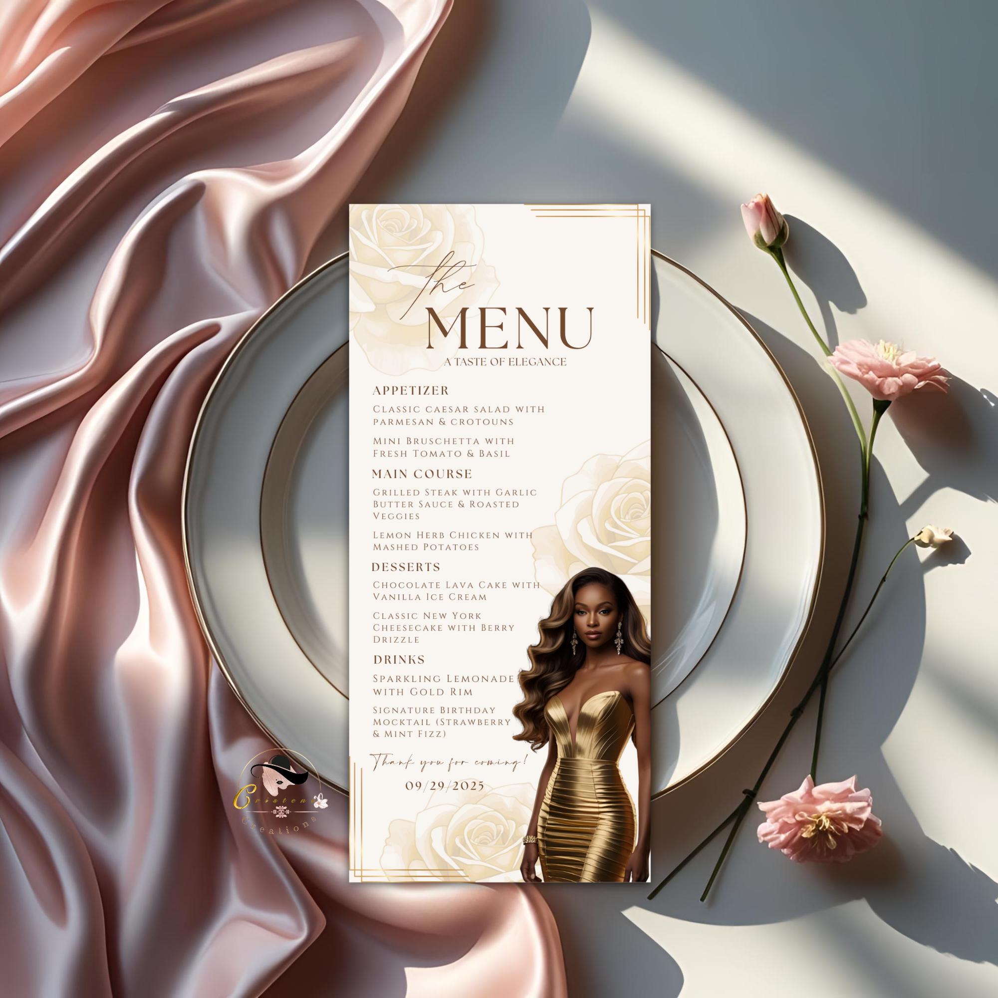 Editable Menu and Program Template White Gold Birthday Dinner Menu cards with photo Retirement Party Program Printable Adult Floral Menu