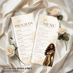 Editable Menu and Program Template White Gold Birthday Dinner Menu cards with photo Retirement Party Program Printable Adult Floral Menu