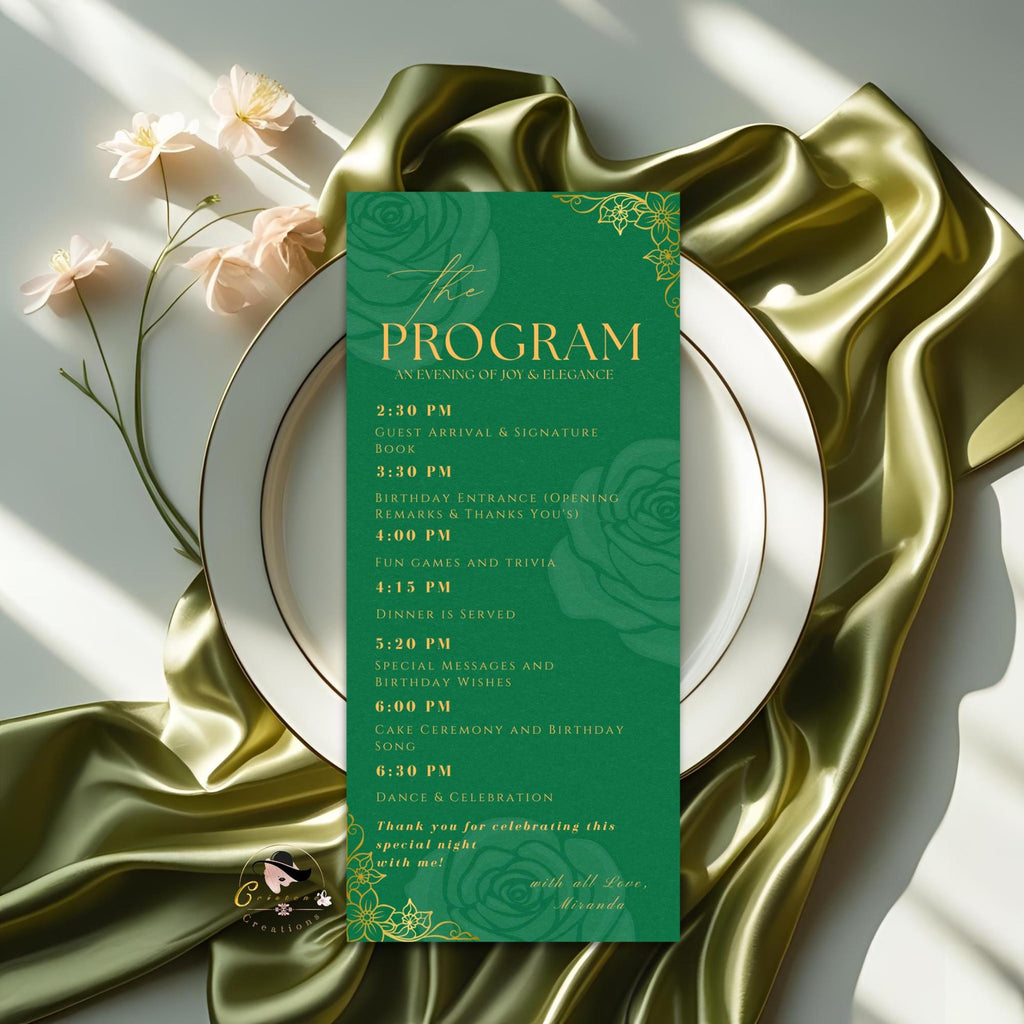 Editable Menu and Program Template Green Gold Birthday Dinner Menu cards with photo Retirement Party Program Printable Adult Floral Menu