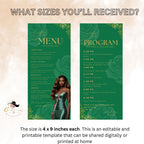 Editable Menu and Program Template Green Gold Birthday Dinner Menu cards with photo Retirement Party Program Printable Adult Floral Menu