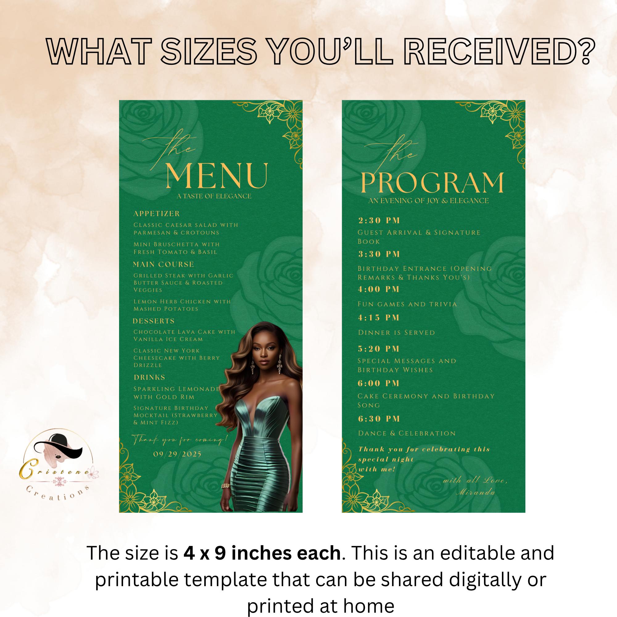 Editable Menu and Program Template Green Gold Birthday Dinner Menu cards with photo Retirement Party Program Printable Adult Floral Menu