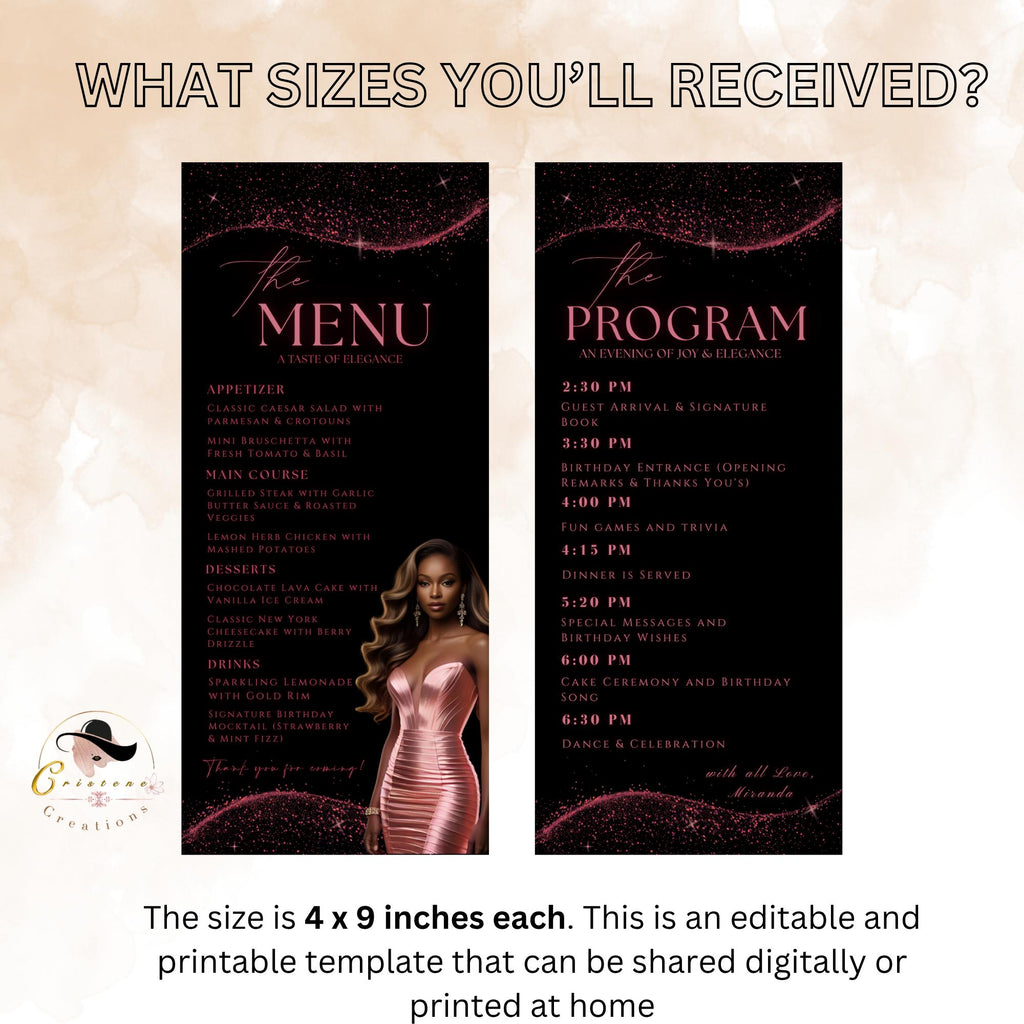 Editable Menu and Program Template Pink Black Birthday Dinner Menu cards with photo Retirement Party Program Printable Fuchsia Party Menu