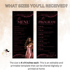 Editable Menu and Program Template Pink Black Birthday Dinner Menu cards with photo Retirement Party Program Printable Fuchsia Party Menu