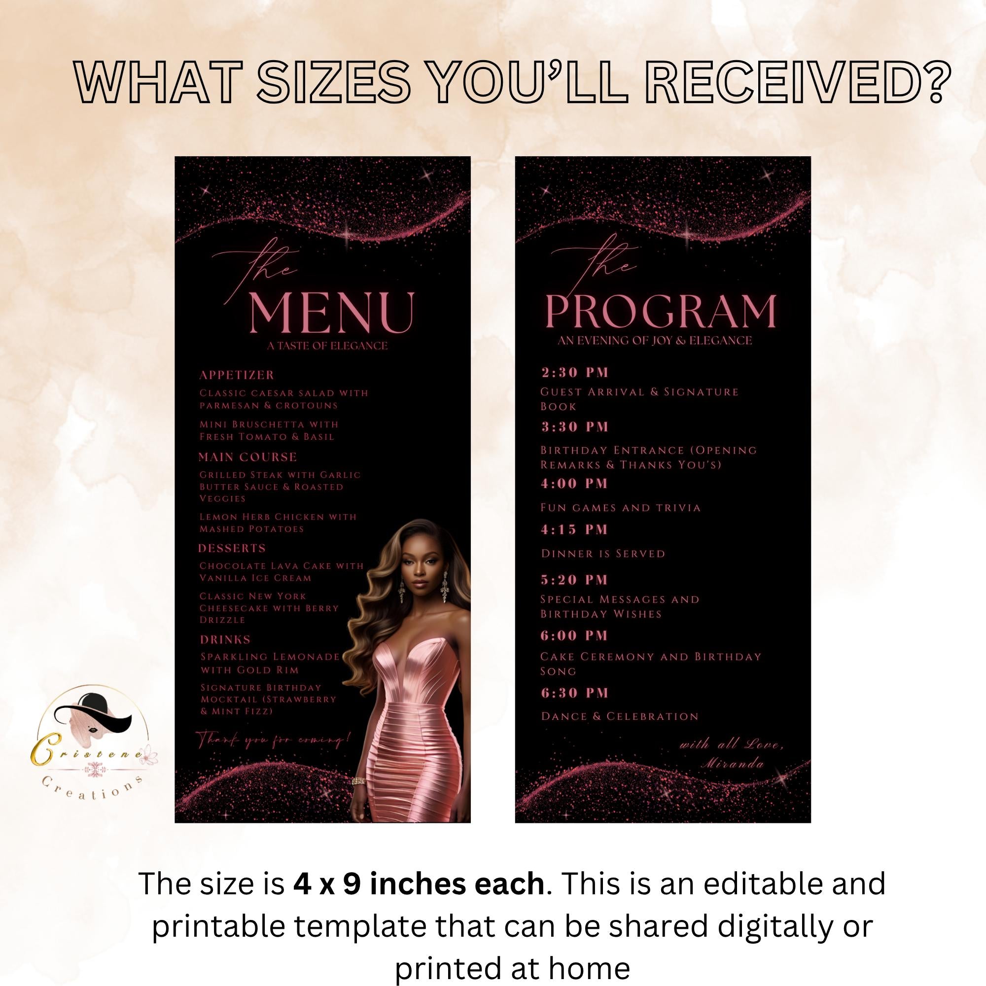 Editable Menu and Program Template Pink Black Birthday Dinner Menu cards with photo Retirement Party Program Printable Fuchsia Party Menu
