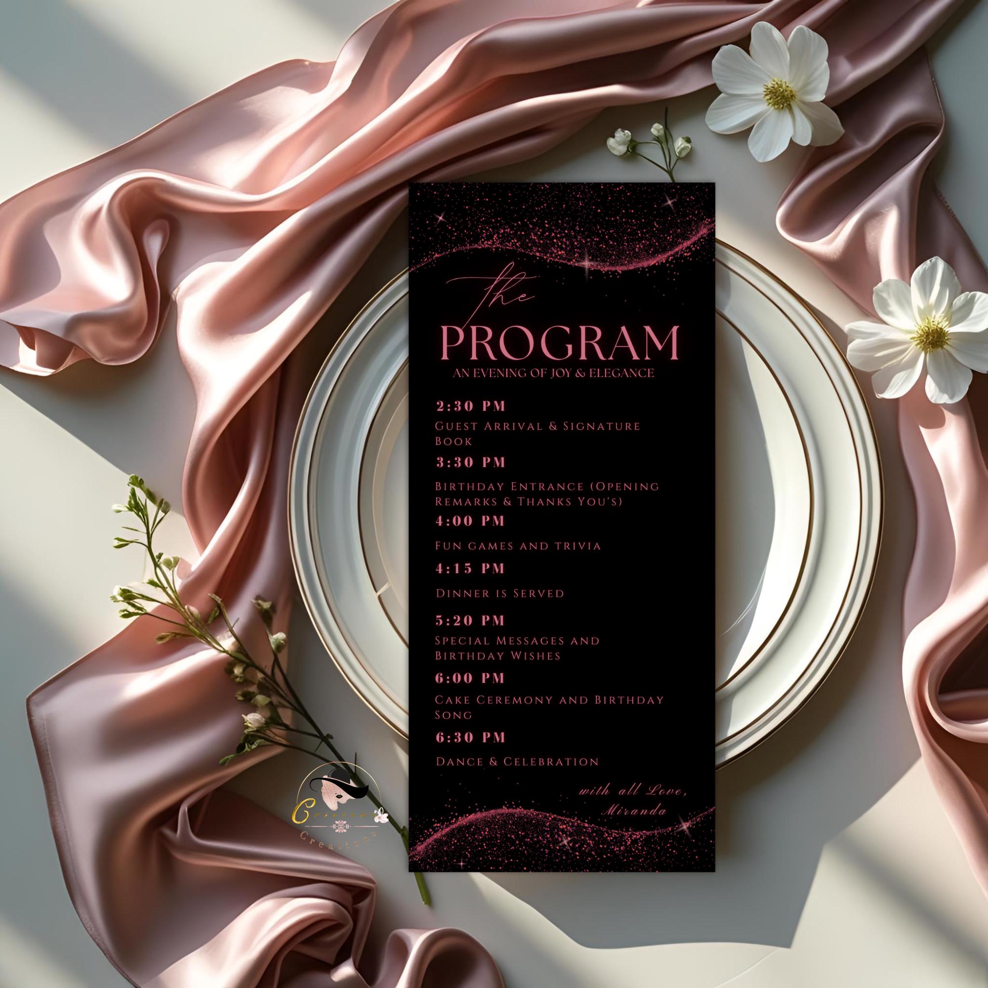 Editable Menu and Program Template Pink Black Birthday Dinner Menu cards with photo Retirement Party Program Printable Fuchsia Party Menu