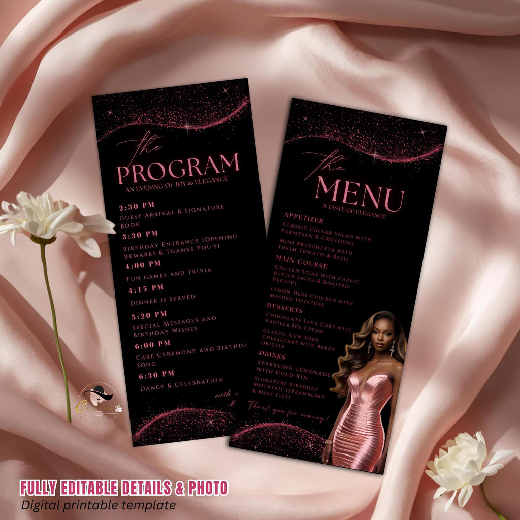 Editable Menu and Program Template Pink Black Birthday Dinner Menu cards with photo Retirement Party Program Printable Fuchsia Party Menu