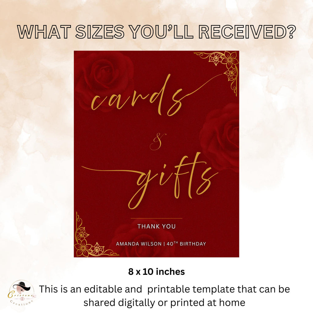 Editable Cards and Gift Sign Template Red Gold Birthday Gift Table Sign Elegant Card Table Sign Printable Retirement Floral Party Sign Decor
