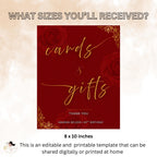 Editable Cards and Gift Sign Template Red Gold Birthday Gift Table Sign Elegant Card Table Sign Printable Retirement Floral Party Sign Decor